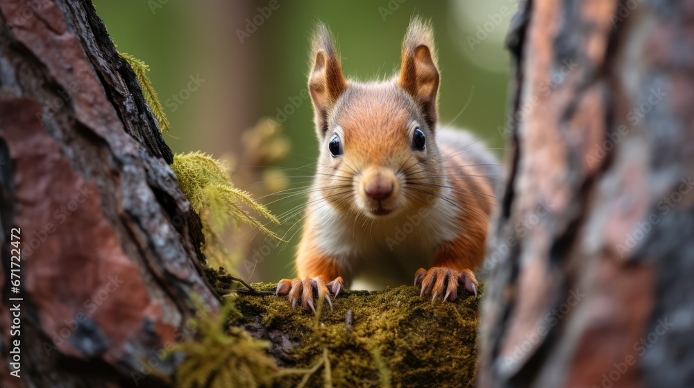 Aufkleber a close up of a small squirrel on a tree branch with moss growing on it's sides and a blurry backgro