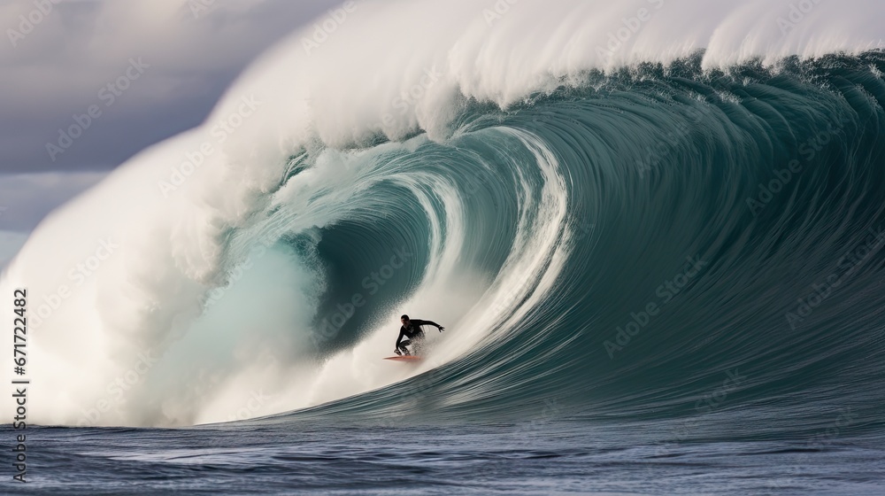 Poster a man riding a wave on top of a surfboard in the middle of a body of water with a large wave behind 