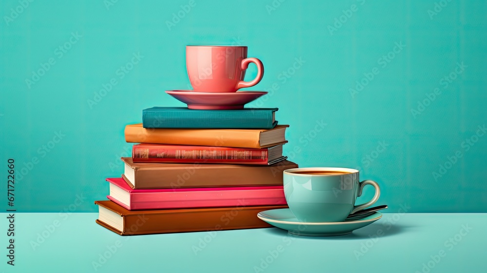 Poster a stack of books, a cup of coffee, and a stack of books on top of each other on a table. generative 