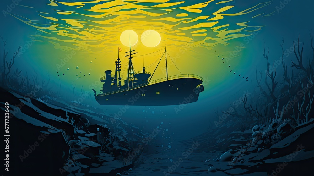 Poster a painting of a ship floating in the ocean with a sun setting in the background and fish swimming in