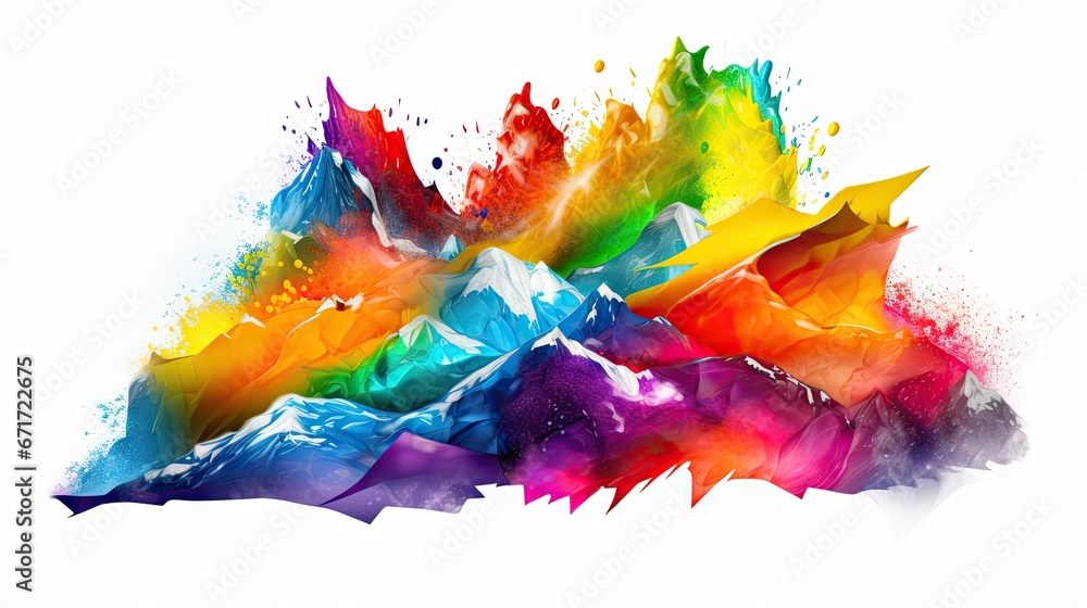 Poster a picture of a multicolored mountain with a splash of paint coming out of the top of the mountain. g