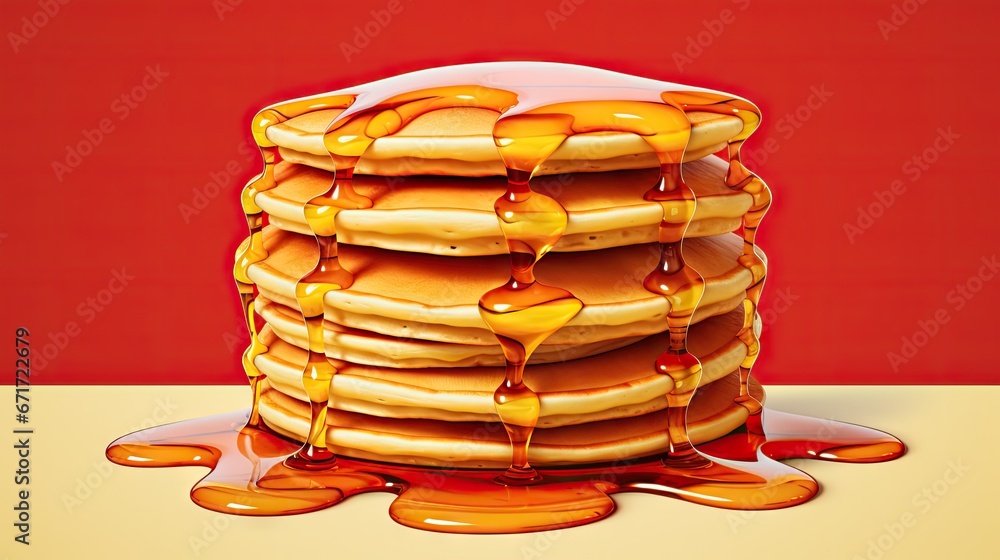 Poster a stack of pancakes sitting on top of a table with syrup pouring down the side of them on top of the