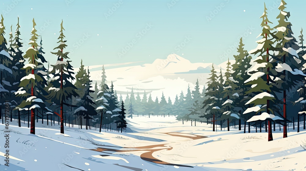 Poster a snowy landscape with pine trees and a path leading to the top of a hill with snow on the ground. g