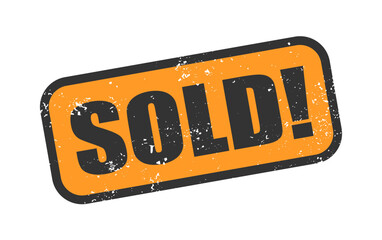 Square grunge yellow and black text sold stamp. Shopping, marketing, announcement. Flat and colored style vector illustration