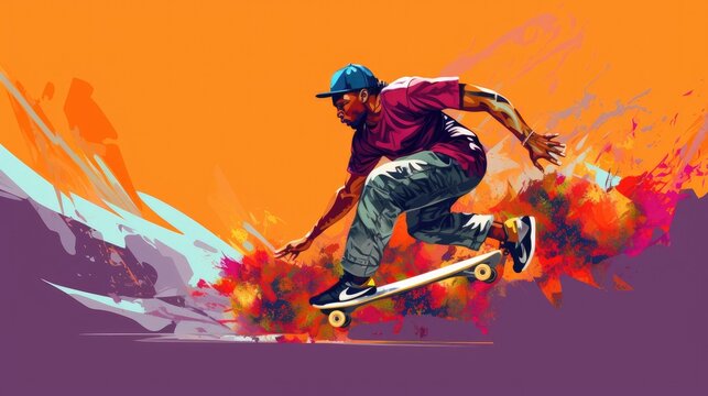  a man riding a skateboard on top of a skateboard covered in red and orange paint splatters.  generative ai
