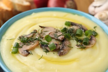 Bowl of tasty cream soup with mushrooms, green onions and dill on table, closeup