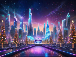 Fototapeta premium New Year's Eve in The City of Future, looked from park decorated with Christmas trees with lightning. Illustration