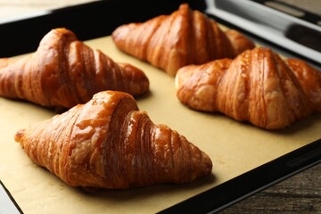 Baking dish with delicious fresh croissants on table, closeup