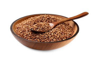 Bowl and spoon with dry buckwheat isolated on white