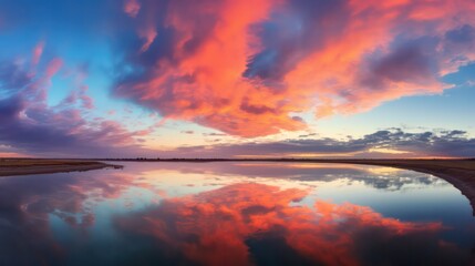 Panoramic sunset sky with vibrant clouds, displaying a colorful twilight sky during the sunny evening.