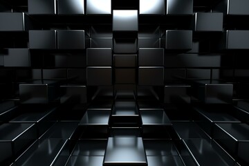 Dark, symmetrical tiles forming a glossy brick wall. Rendered in 3D for a polished block background. Generative AI