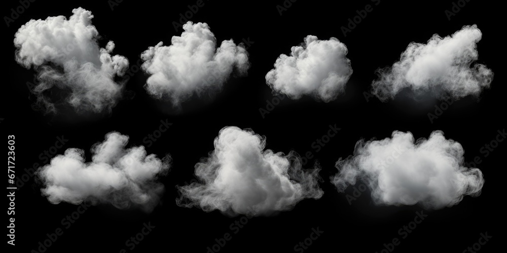 Poster A captivating image of a bunch of white clouds against a striking black background. This picture can be used to create a dramatic and dreamy atmosphere in various projects
