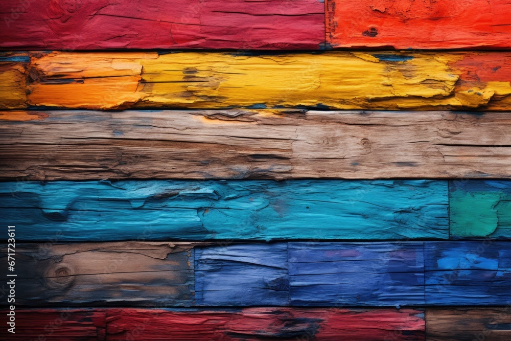 Poster A close-up view of a vibrant and colorful wooden wall. This image can be used to add a pop of color and texture to any project or design