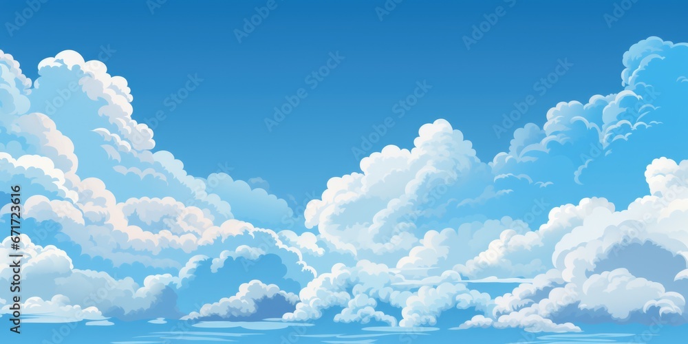 Poster A picturesque view of a blue sky with fluffy white clouds reflecting on the calm surface of a body of water. Perfect for adding a sense of tranquility and serenity to any project