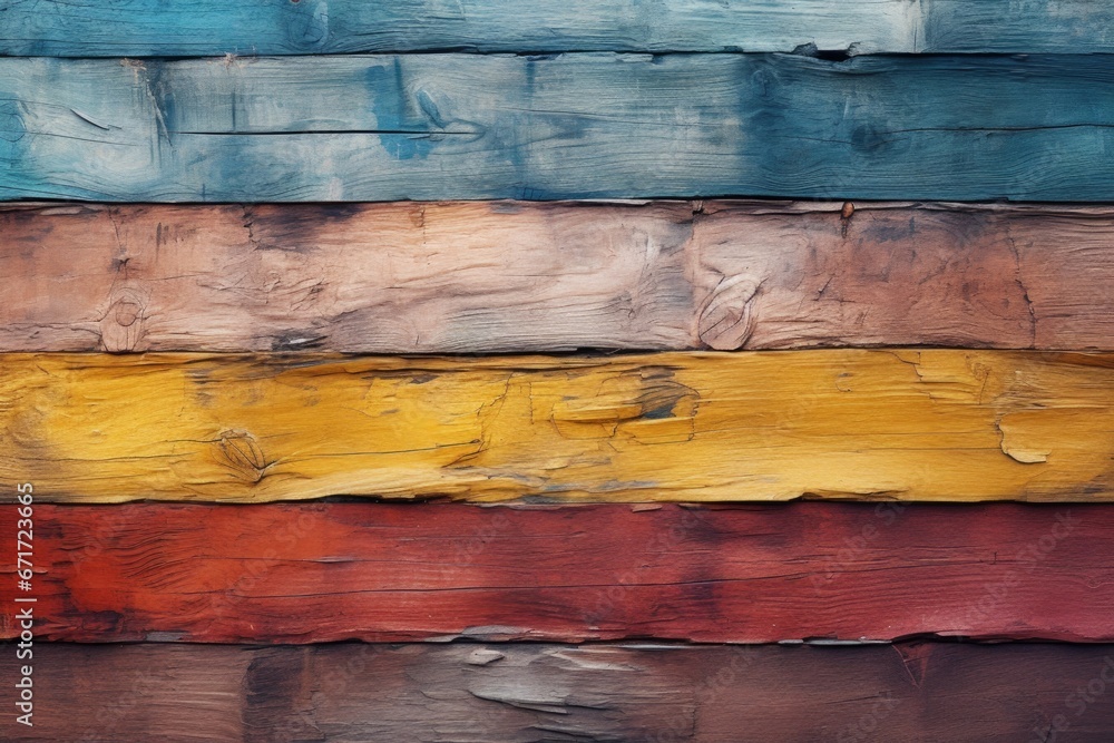 Poster A detailed view of a vibrant wooden wall with multiple colors. This image can be used to add a unique and eye-catching element to design projects or to depict a rustic and artistic atmosphere