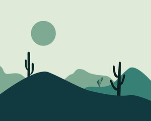 Desert landscape with mountains and cactus. 