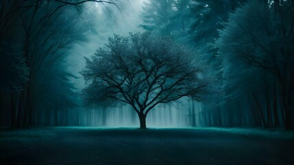 Lonely tree in a foggy forest with dark colors of black and blue