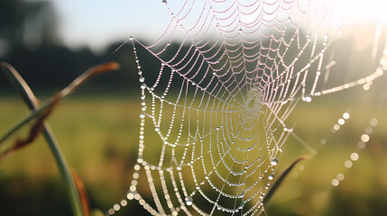 A close-up of a delicate, dew-kissed spider web glistening in the morning sun, showcasing the marvels of nature's engineering