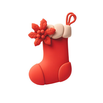 Christmas stocking with poinsettia isolated. 3D element render made of clay isolated on a transparent background
