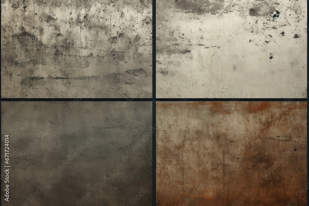 Aufkleber A collection of four distinct concrete textures in various colors. Suitable for use in architectural designs, interior decor, and construction-related projects