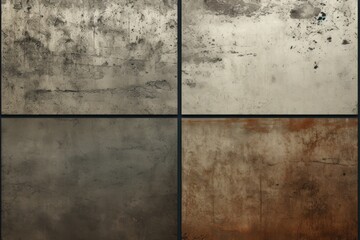A collection of four distinct concrete textures in various colors. Suitable for use in architectural designs, interior decor, and construction-related projects