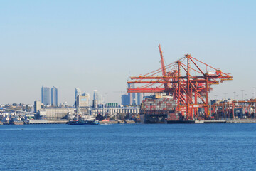 Vancouver Harbour container terminal as seen from Stanley Park in Vancouver, British Columbia, Canada