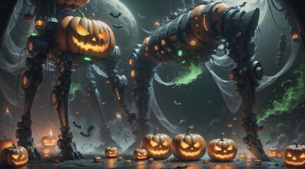 A terrifying Halloween night with jack-o'-lanterns and vampire bats.