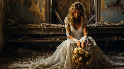 Abandoned bride sitting alone in church. - obrazy, fototapety, plakaty