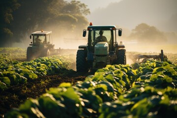 A Tractor Harvesting Lettuce on a Sunny Day - obrazy, fototapety, plakaty