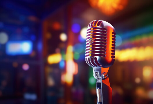 Digital retro microphone on a stand against the background of the club lights.