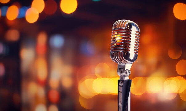 Digital retro microphone on a stand against the background of the club lights.