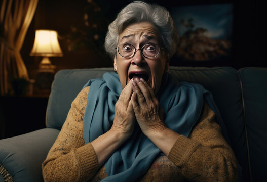 Elderly woman sit on couch hold pc on lap cover face with hands during thriller movie scary moment, received awful bad news feels unhappy