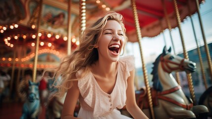 A happy young white girl expressing excitement while on a colorful carousel, merry-go-round, having fun at an amusement park - obrazy, fototapety, plakaty