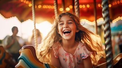 Fototapeta na wymiar A happy young white girl expressing excitement while on a colorful carousel, merry-go-round, having fun at an amusement park
