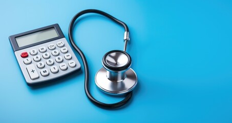 Calculator and stethoscope on blue background - Business and Insurance concept