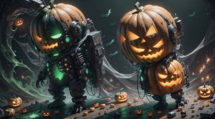 A terrifying Halloween night with jack-o'-lanterns and vampire bats.