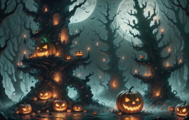 Obraz na płótnie Canvas A terrifying Halloween night with jack-o'-lanterns and vampire bats.