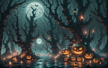 Naklejka premium A terrifying Halloween night with jack-o'-lanterns and vampire bats.