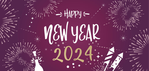 Happy new Year 2024 greeting card sparkle firework open champagne new year eve blue, golden and crimson colour New Year's Day greetings