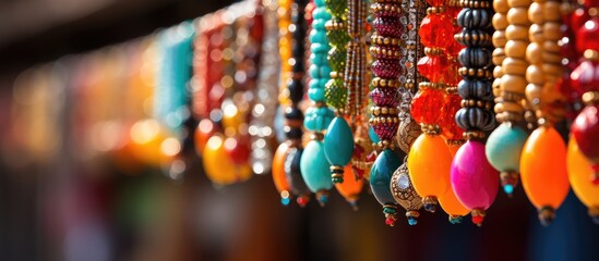 Colorful beaded necklaces hanging in an outdoor market - obrazy, fototapety, plakaty