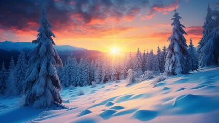 Beautiful scenery in the evening light under a vibrant sun. tense moment in the winter. beauty industry. vintage-looking filter. Cheers to a prosperous new year. Forest of snow