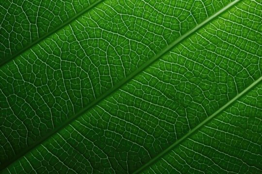 A detailed close up view of a single green leaf. This image can be used to showcase the beauty of nature or as a background for environmental or botanical designs