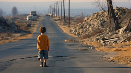 petit garçon vue de dos sur un chemin dans un paysage désolé de ruines - obrazy, fototapety, plakaty