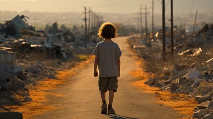 Fotobehang petit garçon vue de dos sur un chemin dans un paysage désolé de ruines © Sébastien Jouve