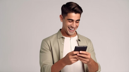portrait studio d'une personne en train d'utiliser une application sur son téléphone portable pour faire un achat ou communiquer