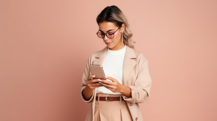 portrait studio d'une personne en train d'utiliser une application sur son téléphone portable pour faire un achat ou communiquer