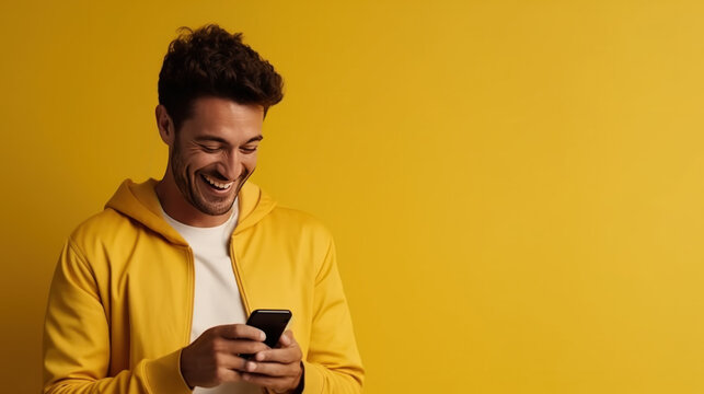 portrait studio d'une personne en train d'utiliser une application sur son t&eacute;l&eacute;phone portable pour faire un achat ou communiquer