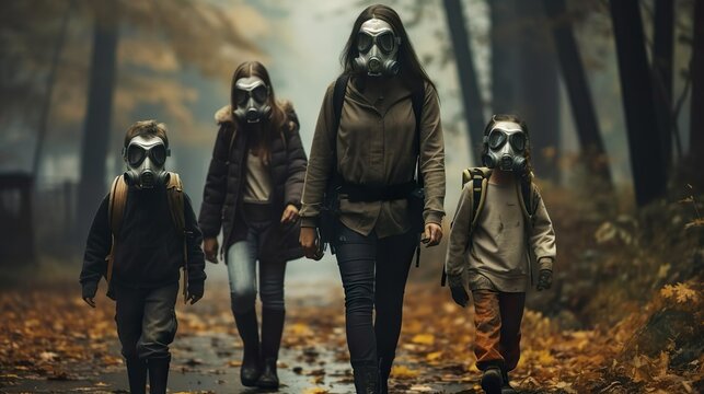 A Family Wearing Gas Masks