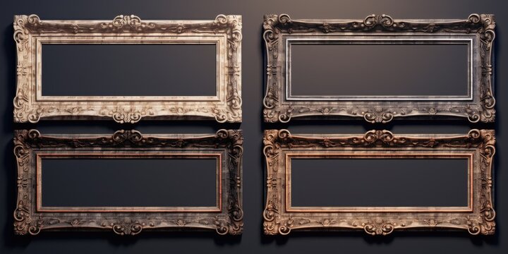 A collection of four decorative picture frames hung on a wall. Perfect for displaying family photos or artwork.