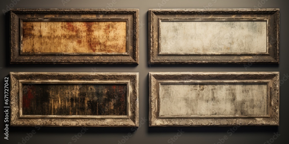 Poster a group of four old picture frames hanging on a wall. this picture can be used to add a vintage touc